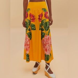 Farm Rio Yellow Spring Awakening Organic Cotton Midi Skirt, Size XS